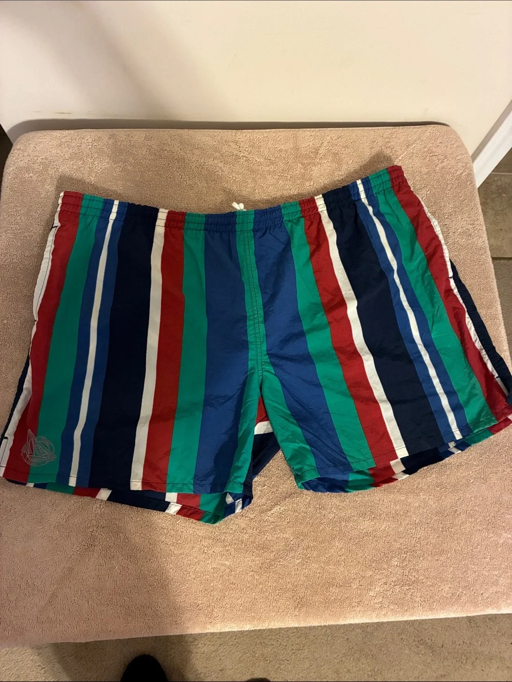 Izod Men's XL Multicolor Vertical-Stripe Swim Trunks — Blue, Green & Red
